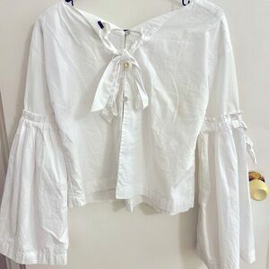 Free People Cotton Linen White bow button back extra small XS blouse shirt